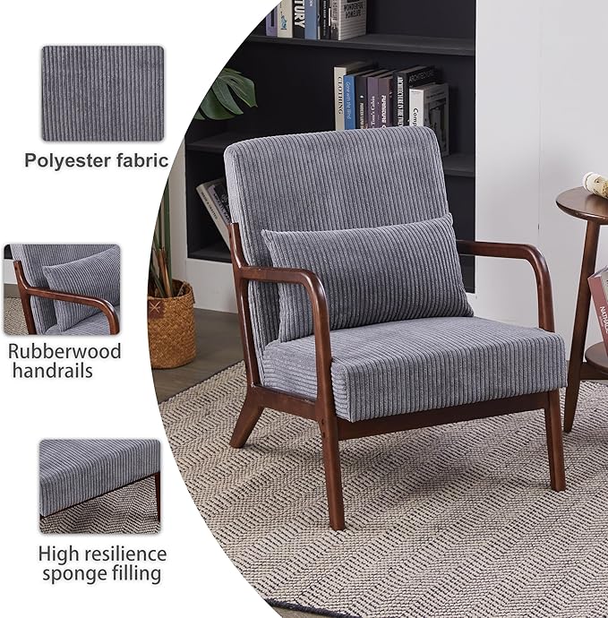 Accent Chairs, Mid-Century Modern Chair with Pillow, Armchair with Solid Wood, Reading Relaxing Leisure Chair for Living Room(Dark Grey/Walnut)