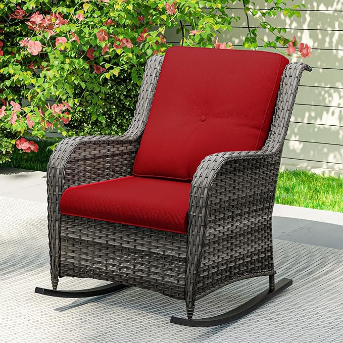1 PC Outdoor Rocking Chair, Wicker Patio Rocker Chair for Yard, Porch, Mixed Brown Grey Rattan, Red Cushions