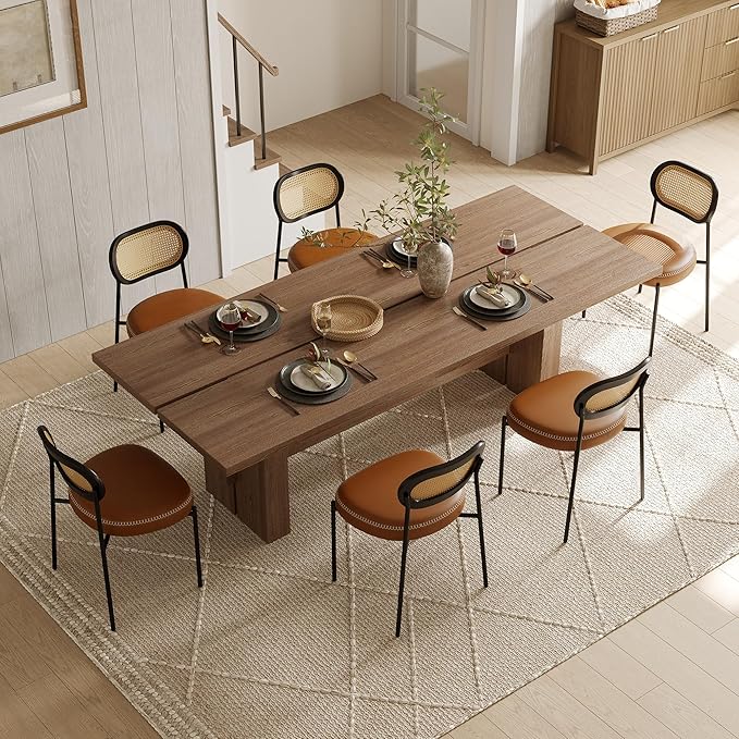 Rattan Dining Chairs Set of 6, Camel Leather Upholstered Dining Chairs with Rattan Cane Back, Mid Century Modern Dining Room Chairs with Black Metal Legs & D-Shaped Thicken Cushion, Camel