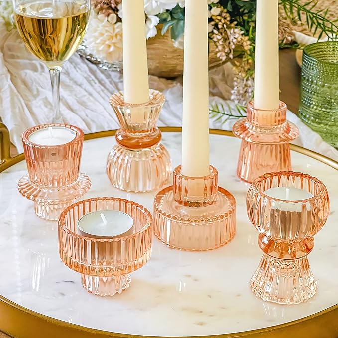 Kate Aspen Vintage Ribbed Glass Black Candlestick Holders, Pillar Candle, Tealight & Votive Candle Holders (Set of 6, 3 Assorted Sizes), Dining Table Decor, Shelf Decor, Centerpiece