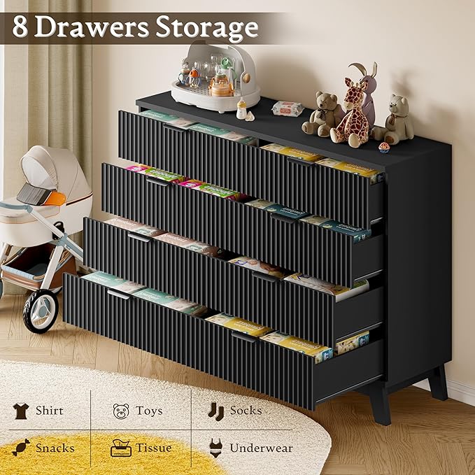 53" Tall Dresser for Bedroom, 8-Drawer Fluted Chest of Drawers, Modern Wood Highboy with Metal Slides and Handles, Anti-Tip Kit, Vertical Clothes Storage Organizer for Apartment, Closet