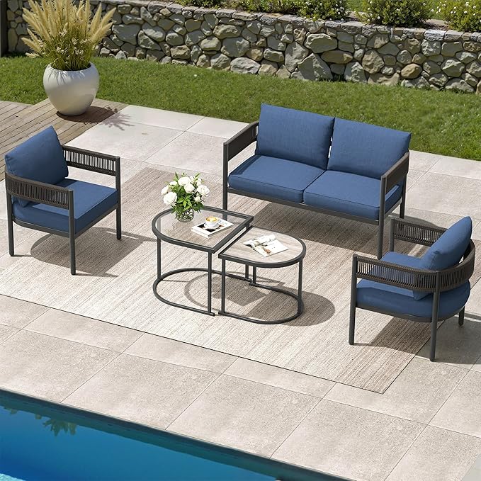 Grand patio 5-Piece Outdoor Furniture Set, 4 Seats Wicker Sofa Conversation Set with Thick Cushions and Coffee Table, for Backyard, Balcony, Garden (Peacock Blue)