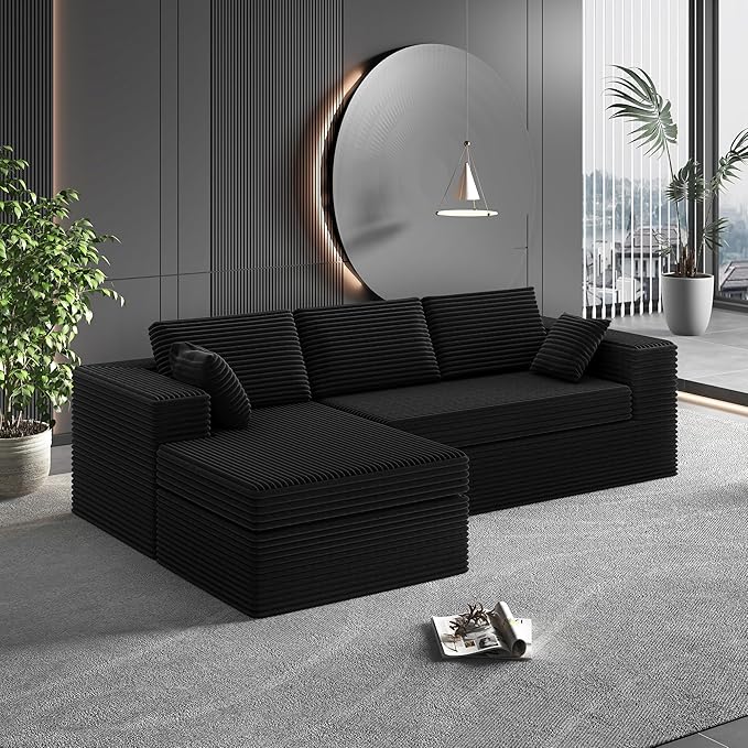 108-inch Boneless Couch for Living Room,Comfy Boneless Sofa with Deep Seats & Chaise Lounge, 3-Seat Modular Sofa Memory Foam Sectional Couches - No Assembly Required(Dark Black)