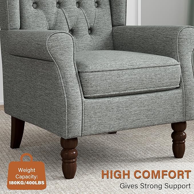 High Back Accent Chair, High Wingback Chair for Living Room, Button-Tufted Upholstered Fabric Armchair with Solid Wood Legs, Comfy Single Sofa Reading Chair for Bedroom, Gray
