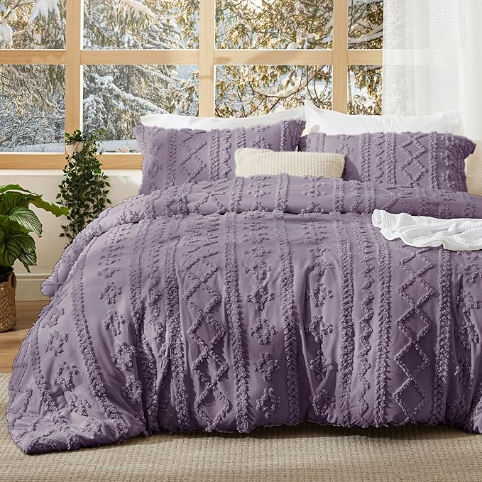 Bedsure Tufted Boho Comforter Set King Size - Grayish Purple Boho Bed Set, GentleSoft™ 3 Pieces Farmhouse Shabby Chic Embroidery Bedding, Gifts for Woman, Soft Jacquard King Comforter for All Seasons