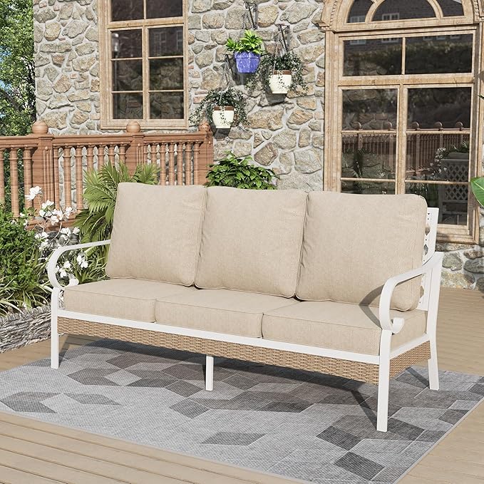 Patio Furniture Sofa, 3-Seat Patio Sofa Steel Frame Outdoor Sectional Couch with Deep Seating and 5.5” Cushions for Lawn Backyard Porch Deck, Beige