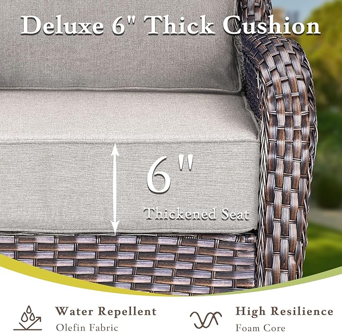 Luxury Outdoor Swivel Rocker Patio Chairs Set of 2, High Back Swivel Patio Chairs with 6-Inch Thick Cushions, Wicker Outdoor Chair for Porch, Patio, Yard, Deck, Poolside, Brown/Beige