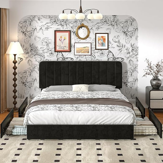 VECELO Full Size Upholstered Bed Frame with 4 Drawers and Headboard, Velvet Platform Storage Bedframe, Wooden Slats Support, No Box Spring Needed,Black
