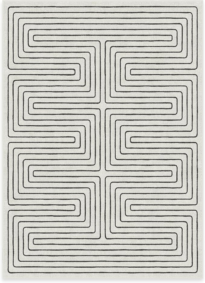 RUGGABLE x Jonathan Adler Machine Washable Modern Area Rug – Labyrinth Black/Ivory 5x7, Stain-Resistant, Non-Slip – Medium Rugs for Living Room, Bedroom, Hallway, Entryway & Office–with Standard Pad
