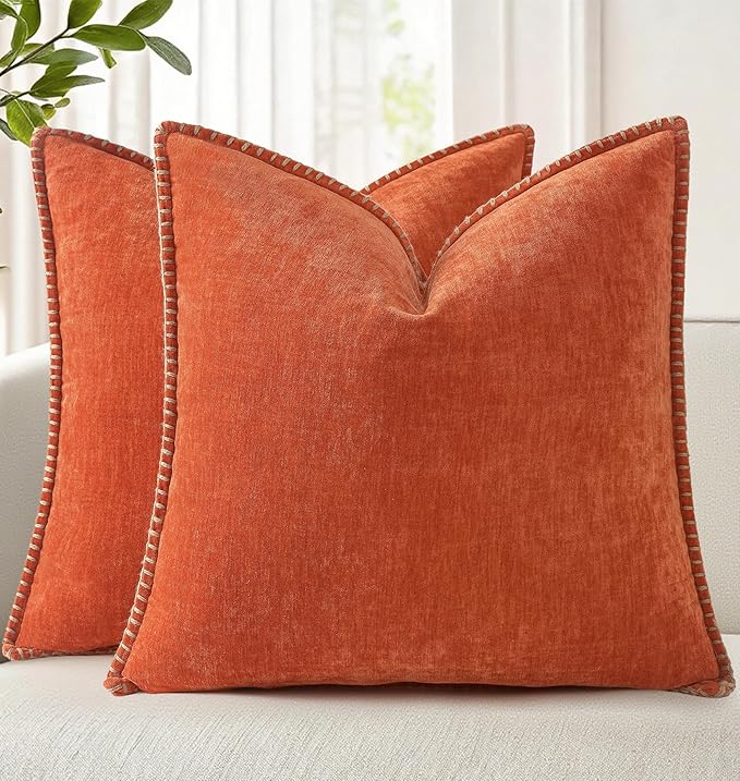 decorUhome Fall Chenille Soft Throw Pillow Covers 18x18 Set of 2, Farmhouse Velvet Neutral Decorative Euro Pillow Covers with Stitched Edge for Couch Sofa Bed Home Decor, Rust