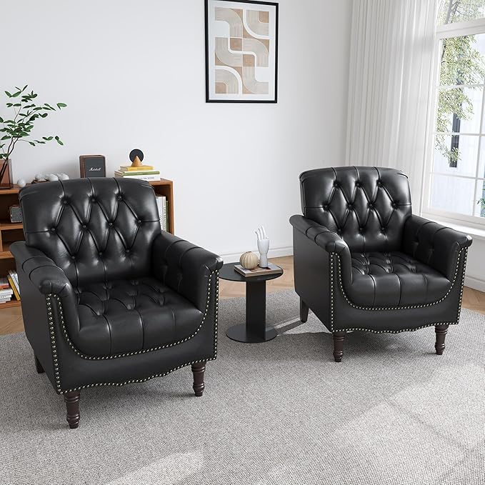 UIXE Faux Leather Accent Chairs Set of 2, Comfy Club Chair Upholstered Armchair for Living Room, Button Tufted Arm Chair Retro Single Sofa Side Reding Seat for Bedroom - Black Blue