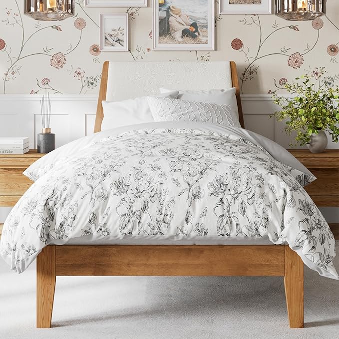 DG Casa Vandermark Solid Wood Easy Install Twin Bed Frame with Unique Headboard and Wooden Slat Support Included No Box Spring Required - Beige Walnut