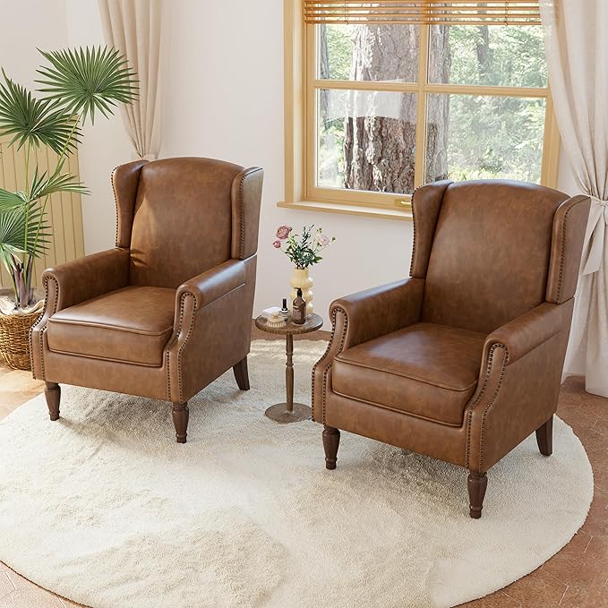 Lumibee Accent Chairs, Faux Leather High Back Armchair setof 2 or Living Room, Comfy Upholstered Single Sofa Reading Chairs with Solid Wood Legs for Office, Bedroom, Waiting Room-Leather Brown