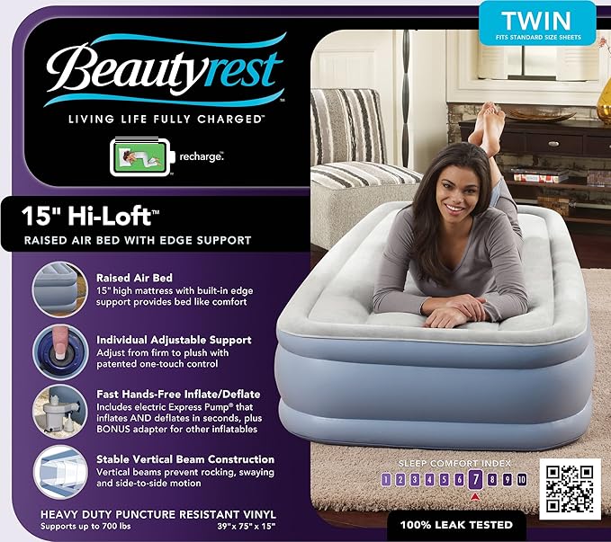 Beautyrest Hi-Loft Twin Size Air Mattress with Vertical Beam Construction, Edge Support, External Pump and Puncture Resistant Vinyl for Guests and Camping