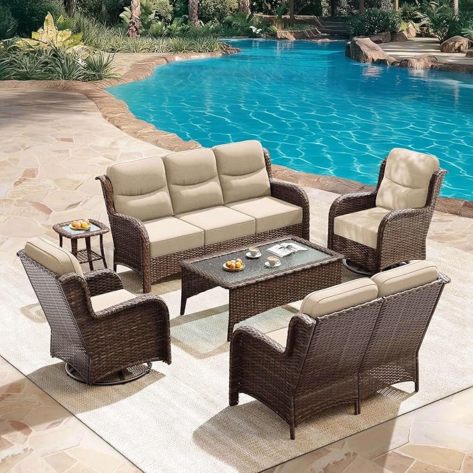 HILLGA Luxury Patio Furniture Set with 6-Inch Thick Cushions, High Back Outdoor Swivel Rocker Chairs Patio Loveseat and Couch, 6-Piece All Weather Conversation Set for Porch Deck Pool Yard, Beige (V3)