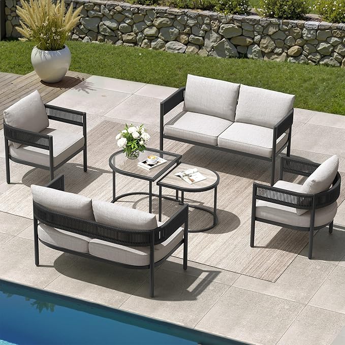 Grand patio 6-Piece Outdoor Furniture Set, 6 Seats Wicker Sofa Conversation Set with Thick Cushions and Coffee Table, for Backyard, Balcony, Garden (Beige)