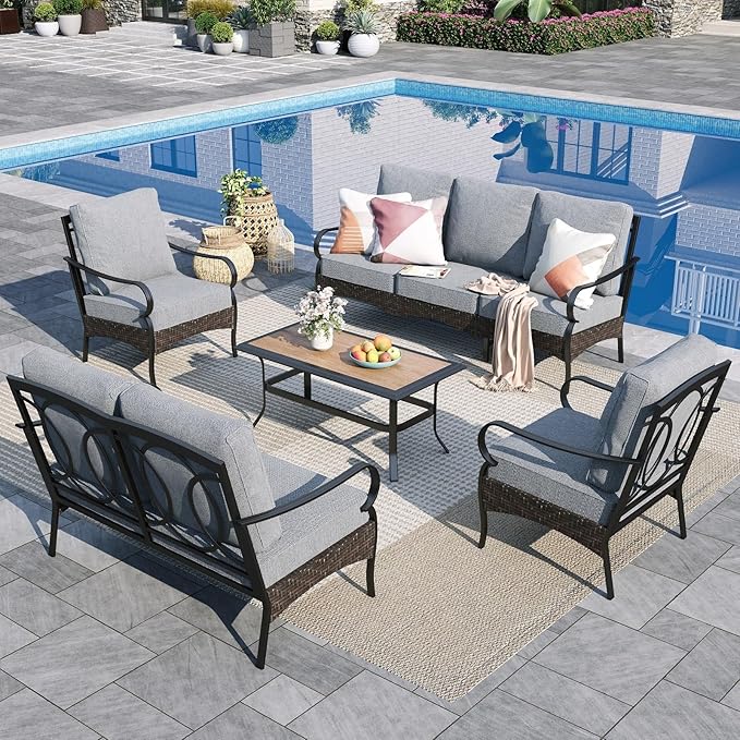 Sophia & William Patio Furniture Set, 5 Piece Metal Outdoor Conversation Set with 3-Seater Outdoor Couch, 2 Sofa Chairs, 1 Loveseat,1 Coffee Table for Outdoor Seating, Backyard, Porch(Grey)