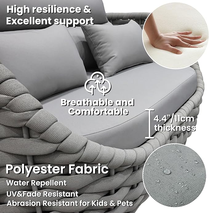 Woven Rope Patio Sofa Furniture Set of 4: Aluminum All Weather Outdoor Conversation Set, Couch Armchair and Loveseat Set with Table Cushions for Deck Porch Poolside Garden Backyard Hotel - Gray
