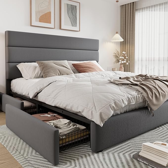 Allewie Modern King Size Platform Bed Frame with 4 Storage Drawers and Velvet Upholstered Headboard, Wooden Slats Support, Upholstered Mattress Foundation/No Box Spring Needed/Easy Assembly, Grey