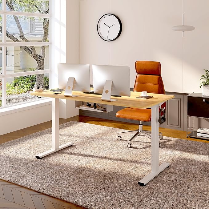 FLEXISPOT EN2 Whole-Piece Standing Desk with Clamp Power Strip, 60 x 24 Electric Stand Up Height Adjustable Desk with Cable Management (White Frame + 60" Maple Top, 2 Packages)