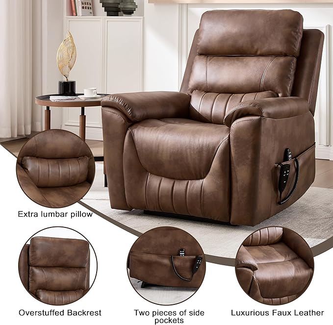 Power Lift Recliner Chair for Elderly People, Dual Motor Lay Flat Recliner with Vibration Massage and Heat, Heavy Duty Motion Mechanism Standing Assistance Reclining Chair, Faux Leather Brown
