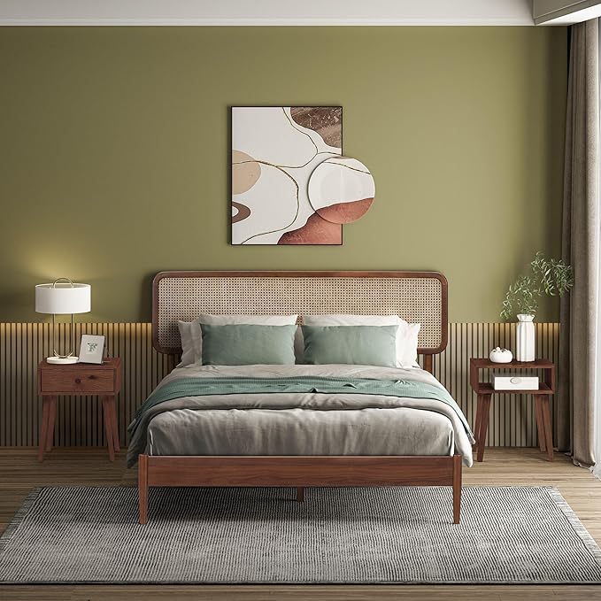 NTC Lupin Wooden Bed Frame with Headboard and Natural Rattan, Solid Oak/Rubber Wood Foundation with Silent Slats, 1000 Lb Capacity, Effortless Assembly (Natural Cane - Dark Walnut, Queen)
