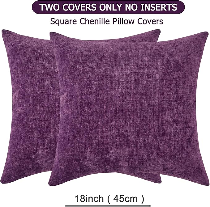 GAWAMAY Decorative Square Throw Pillow Covers 18"x18" Inch Set of 2, Super Soft Chenille Pillows Farmhouse Fall Pillowcase for Living Room Bedroom Sofa Couch Cushion Cover Purple 45x45cm (No Insert)