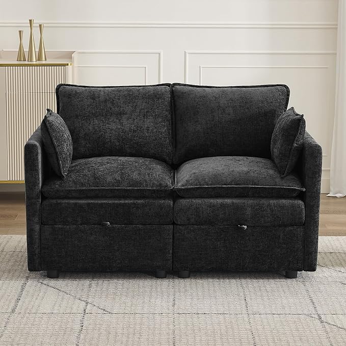 55" Cloud Modular Loveseat Sofa with Storage, Modern Upholstered Sofa Couch Small Love Seat,2 Seater Chenille Comfy Sectional Sofa with Armrests for Living Room, Small Space, Black