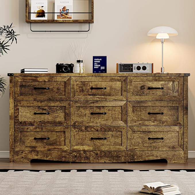 9-Drawer Dresser for Bedroom, Modern Wooden Chest of Drawers with Metal Handles, Anti-Tipping Design, Sturdy and Stable Storage Organizer for Living Room, Entryway, Home Office