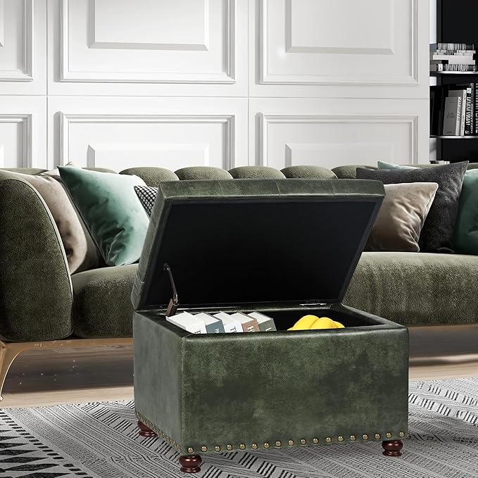 24'' Leather Ottoman with Storage Rectangle Foot Rest Ottomans Stool for Living Room(Green,Leather Texture)
