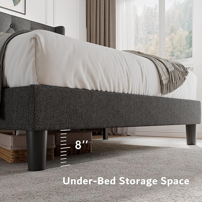 iPormis Full Size Platform Bed Frame with Button Tufted Headboard, Upholstered Bed Frame with Solid Wooden Slats, 8" Underbed Space, No Box Spring Needed, Noise Free, Easy Assembly, Dark Gray