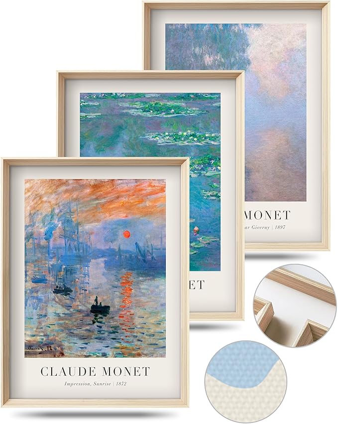 Framed Claude Monet Water Lilies Canvas Wall Art,Vintage Impressionist Botanical Painting,16x12IN High Framed Design Prints,Minimalist Classic Decor Aesthetic for Living Room,Bedroom,Bathroom Set of 3