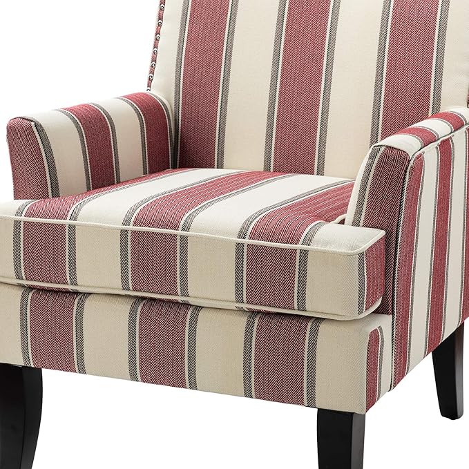 HULALA HOME Modern Accent Chairs Set of 2, Farmhouse High Back Striped Chairs with Wooden Legs & Nail Head Trim, Comfy Upholstered Armchairs for Living Room/Bedroom (Stripe Red)