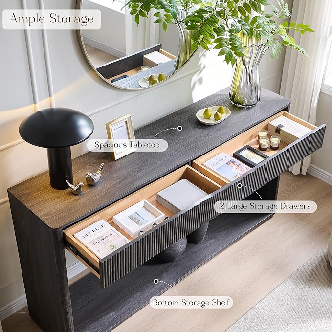 OKD 63" Fluted Console Table for Entryway, Modern Entryway Table with 2 Large Drawers, Long Sofa Table Behind Couch for Living Room, Hallway, Couch, Foyer,Dark Alder