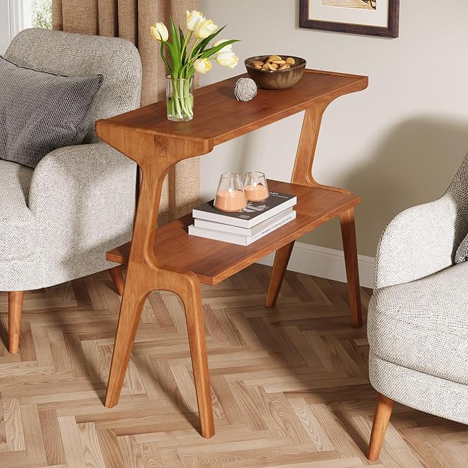 Tribesigns Set of 2 Narrow Side Table, 2-Tier Solid Wood End Table with Storage, Modern Couch Side Table for Living Room, Slim Bedside Table for Bedroom, Small Spaces, Walnut