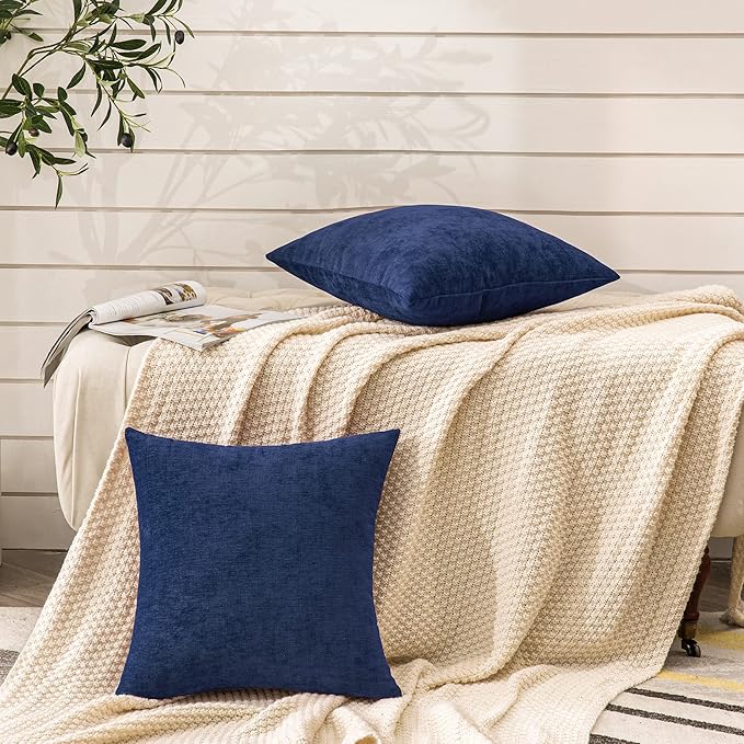 GAWAMAY Decorative Chenille Throw Pillow Covers 24x24 Inch Pack of 2, Soft Square Couch Pillow Cover for Sofa Cushion Living Room Bedroom Solid Dyed Pillowcases Navy Blue 60x60cm (ONLY Covers)