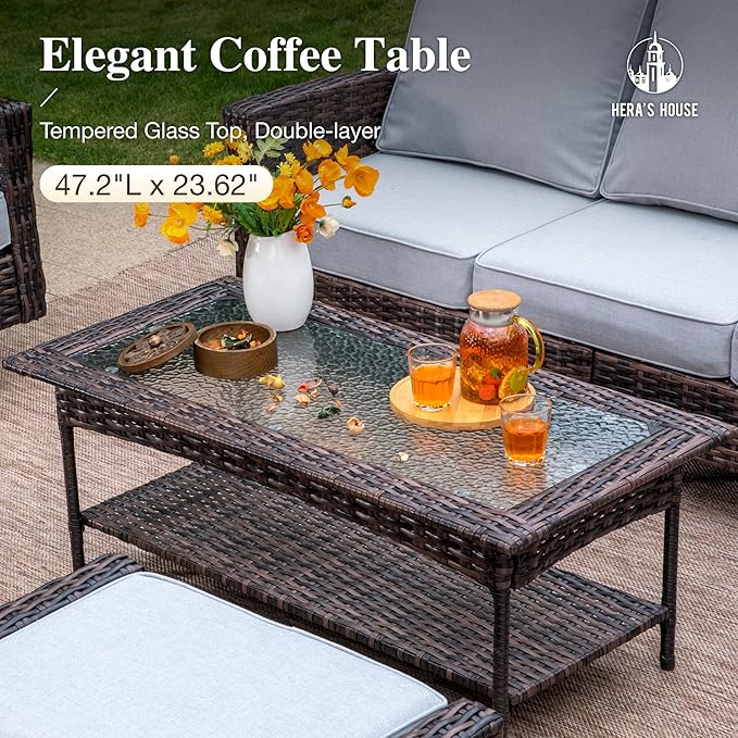 HERA'S HOUSE Gray Patio Furniture Set with High Back Swivel Chairs, Comfy Outdoor Wicker Conversation Sofa Sets with 5.5" Waterproof Cushions for Deck Lawn Backyard