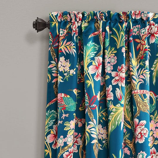 Lush Decor Dolores Light Filtering Window Panels, Pair, 52" W x 95" L, Navy & Multi - Floral Curtains for Bedroom - Vintage Curtains - Coquette Room Decor