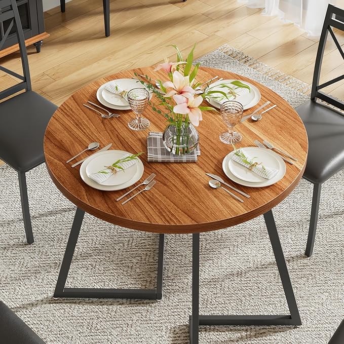 VECELO 35" Round Dining Table for 4, Wood-Grain Tabletop & Heavy-Duty Steel Frame, for Kitchen, Living Room, Easy Assembly, Walnut