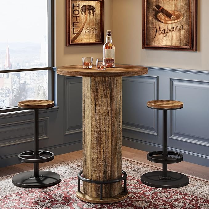 Tribesigns Round Bar Table with Chairs, Industrial Bistro Sets with 2 barstools, Pub Cocktail Table with Metal Ring Footrest for Kitchen Nook, Apartment, Small Space
