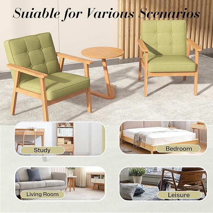 KCC Mid-Century Modern Linen Fabric Accent Chair, Upholstered Tufted Leisure Chair Comfy Reading Side Chair with Armrest and Solid Wood Frame for Living Room Bedroom Balcony(Green)