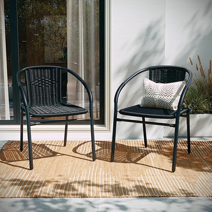 EMMA + OLIVER Set of 2 Modern Rattan Indoor/Outdoor Stack Chairs, Stacking Rattan Patio Chairs with Curved Back and Cross Bracing, Black