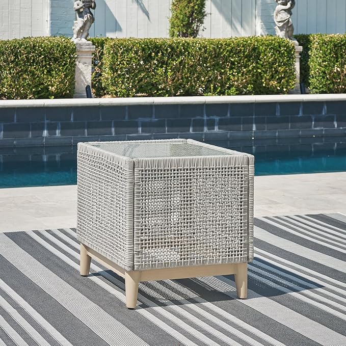 Signature Design by Ashley Seton Creek Contemporary Chic Outdoor All-Weather Resin Wicker End Table with Tempered Glass Tabletop, Gray & Light Brown