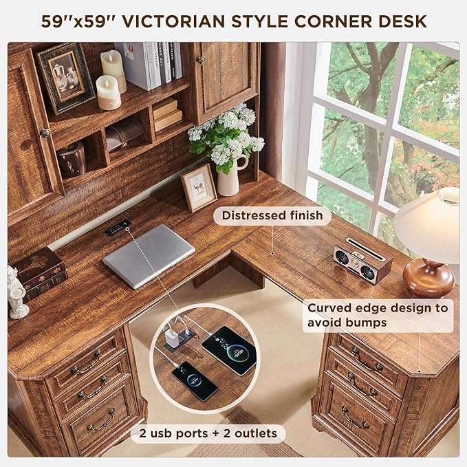 T4TREAM 59" Executive L Shaped Desk with Hutch,Victorian Wood Computer Desk, Featuring Charging Station,File Drawer, Storage Cabinet,for Home Office Work and Study (Reclaimed Barnwood)