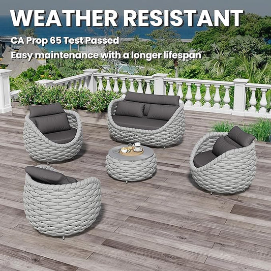 Fully Assembled Patio Furniture Set: 5-Piece Woven Rope Outdoor Conversation Set Cushioned - Modern Metal Deck Loveseat Chair Table Set - Porch Seating for Courtyard Garden Poolside Hotel Resort