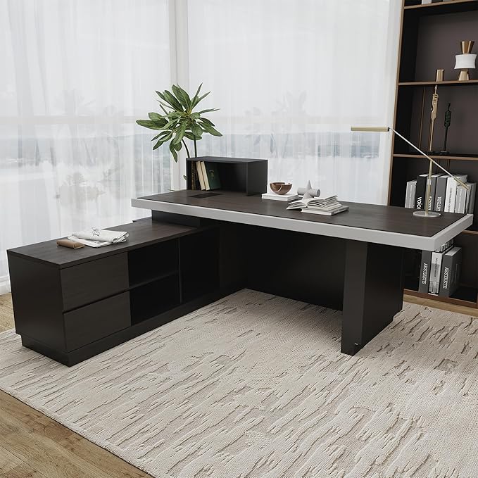 SAINTCY 78" Executive Desk with Drawers - L Shaped Desk with File Cabinet, Black Executive Office Desks with LED Light, Home Office Desk,2.6" Thickened Desktop