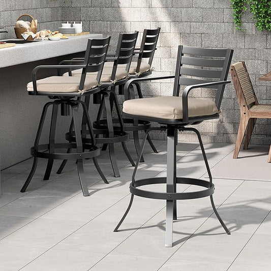 Pellebant 29.5" Sunbrella Outdoor Bar Stools Set of 2, Aluminum Swivel Patio Bar Height Bar Stools with Back & Footrest, Rust-Proof High Barstools for Deck Lawn Garden, Beige