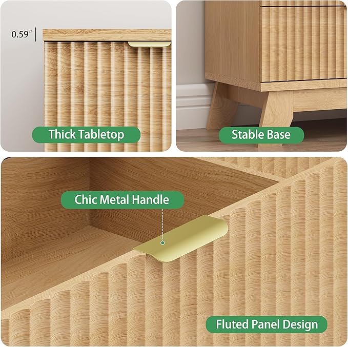 Fluted Dresser for Bedroom with 6 Drawers, 46" Tall Modern Chest of Drawers with Metal Handle, Wooden Dresser TV Stand, Wood Closet Clothes Storage Organizer for Living Room, Hallway, Natural Oak