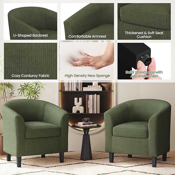 Yaheetech Corduroy Barrel Chair, Upholstered Club Accent Chair, Round Armchair with Soft Cushion for Living Room Bedroom Reading Room, Dark Green