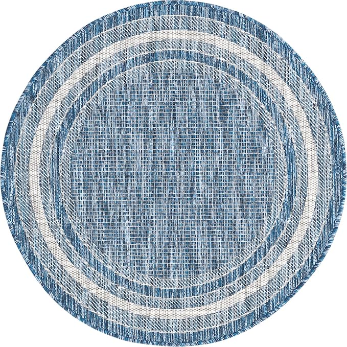 Unique Loom Outdoor Border Collection Area Rug - Soft Border (3' 1" Round, Blue/ Ivory)
